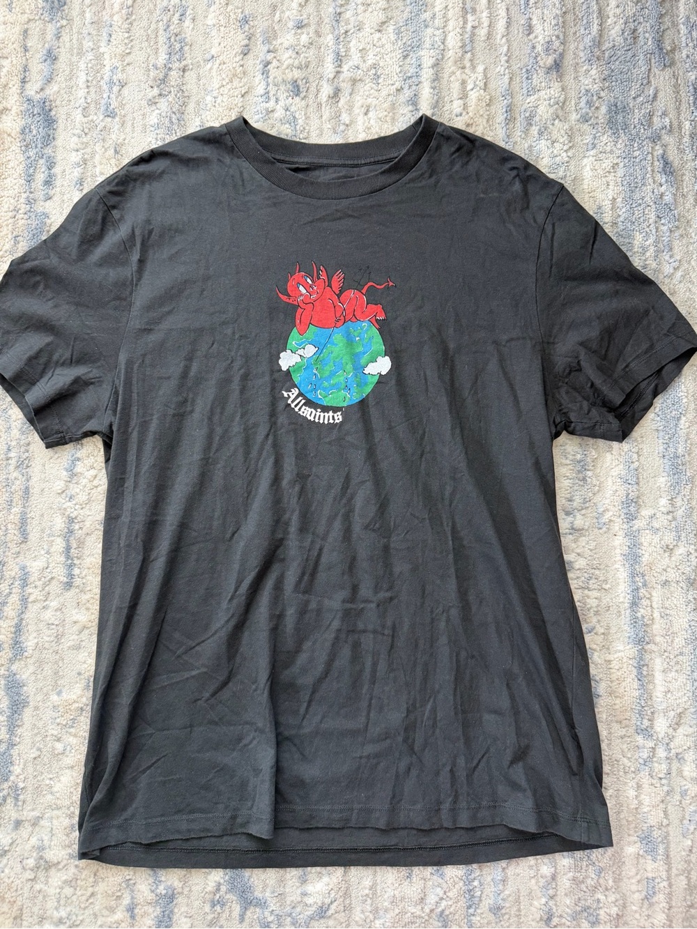 All Saints Black Tee with Red Devil Over Blue Green Globe